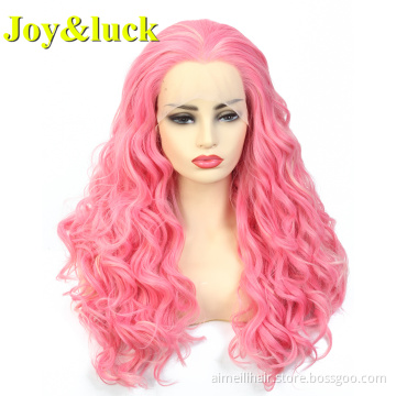 Lacefront Wholesale Price Wig For Women Natural Water Wave Free Part Cosplay Or Party Long Curl Pink Color Synthetic Ladies Hair